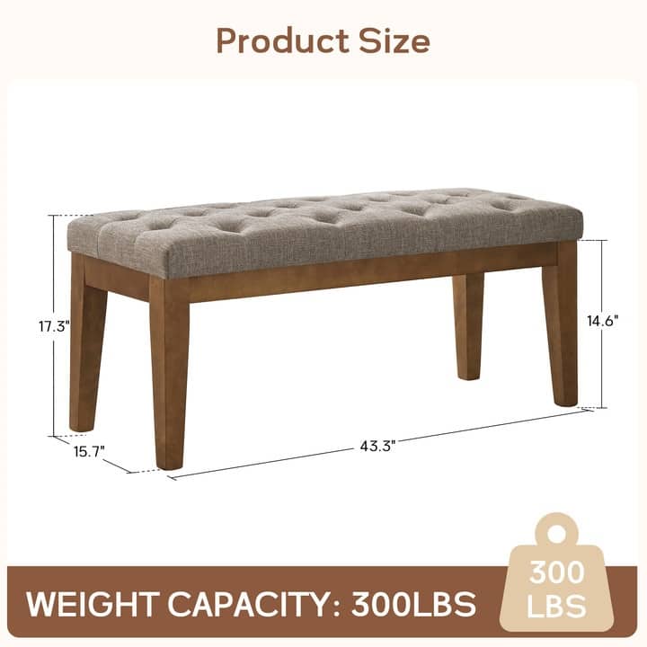 Button-Tufted Bench for End of Bed, Entryway Bench Beige/ Black/ Brown Solid Wood, Leather, Fabric 44-inch