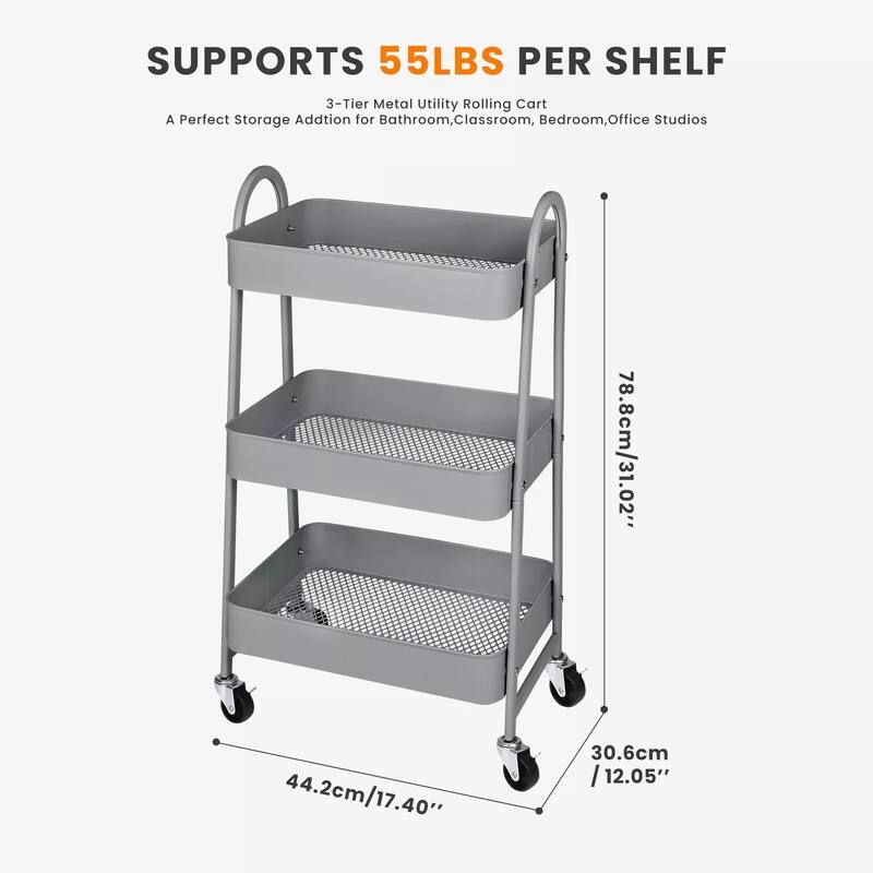 3-Tier Metal Rolling Utility Cart Multifunctional Organizer with Handle and Lockable Wheels - 17.4"D x 12.04"W x 31.02"H