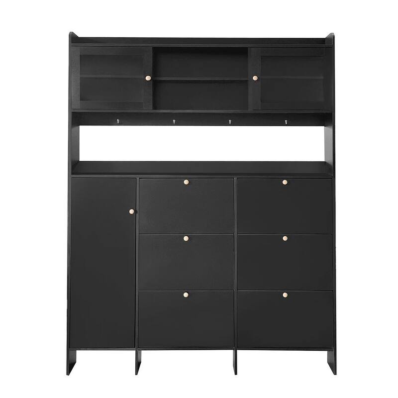 Hall Tree and Shoe Storage Bench with Flip Drawers and Doors - Black - 62.1" W