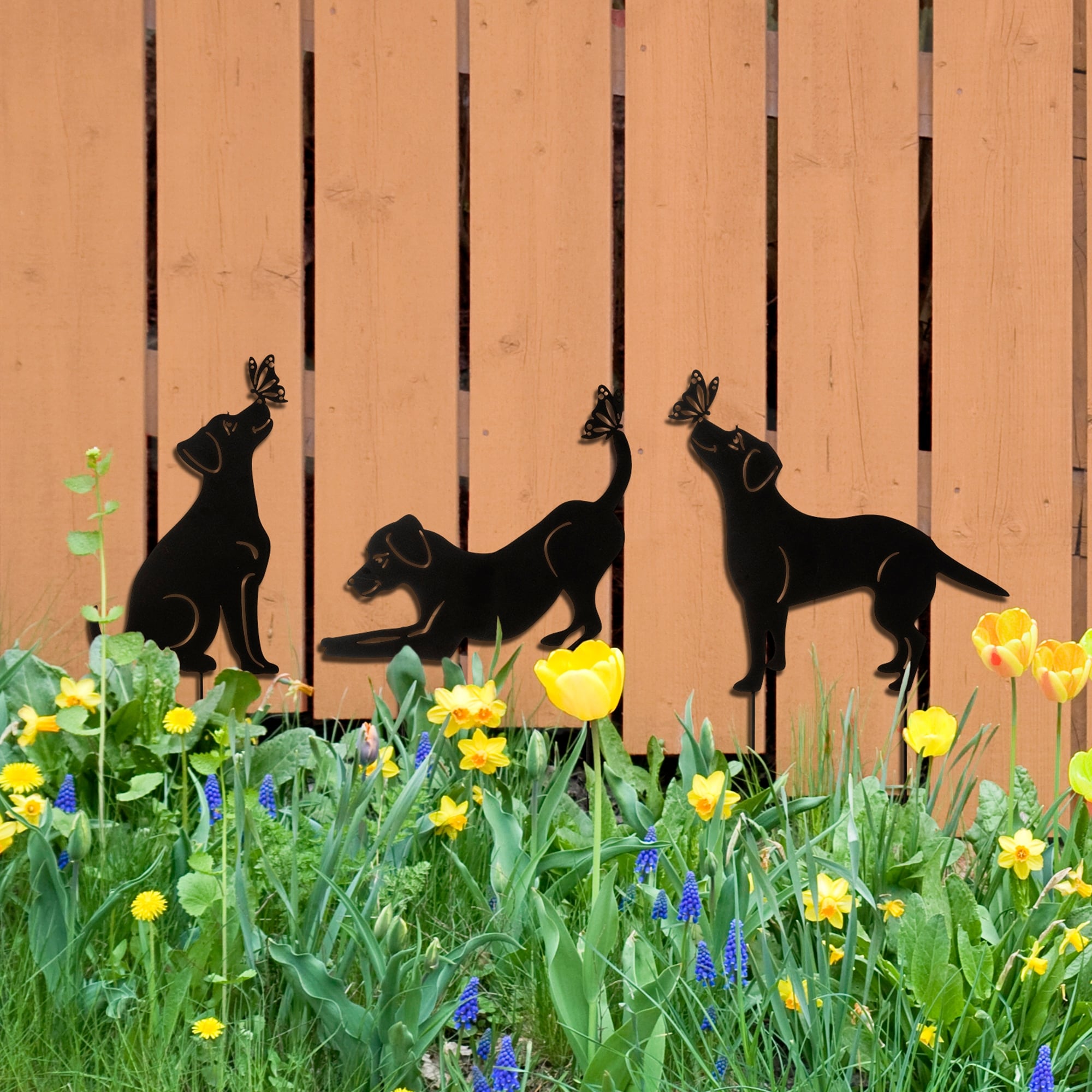 Glitzhome 2-in-1 Black Metal Cat Rabbit Duck Dog Silhouette Yard Stakes Wall Decor (Set of 3)