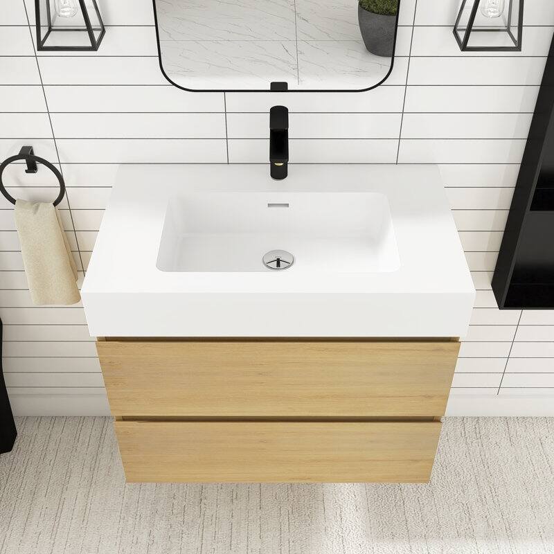 24/30/36 inch Wall-Mounted Bathroom Vanity Set in Oak with Integrated Resin Sink