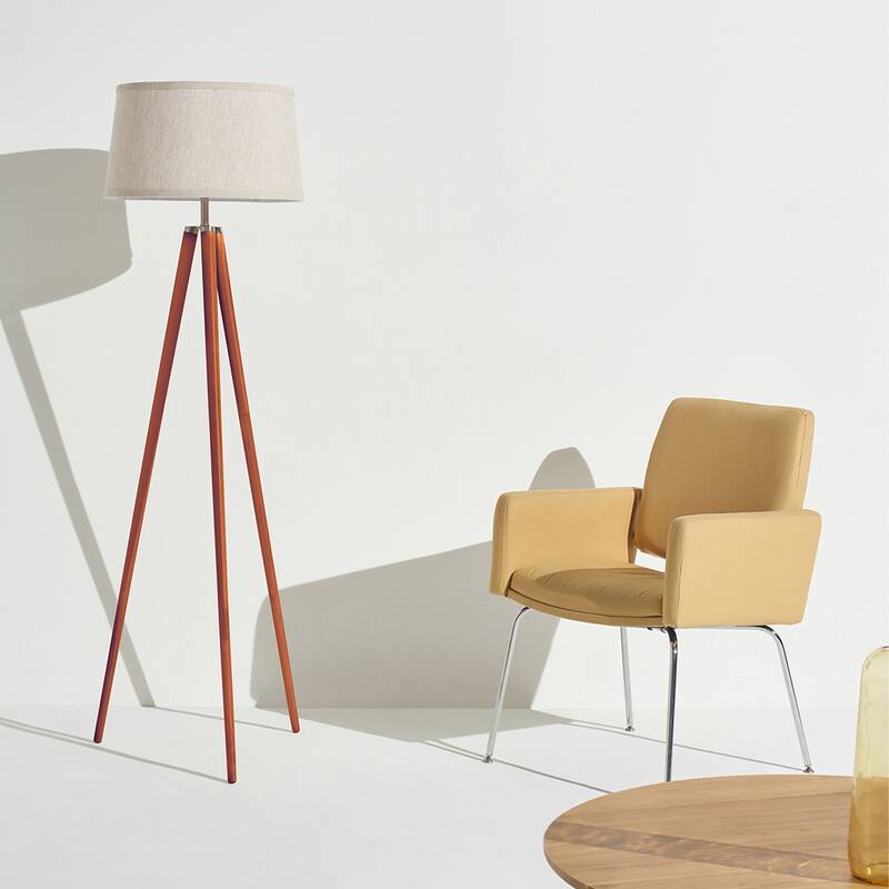 Brightech Emma 61 in. Mid-Century Modern LED Super Bright Floor Lamp with Beige Fabric Drum Shade