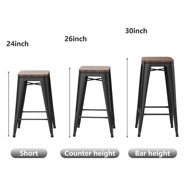 dimension image slide 1 of 7, Bar Stools Set of 4 Stackable Metal Bar Stools Industrial Counter Height Stools Backless Barstools with Wooden Seats