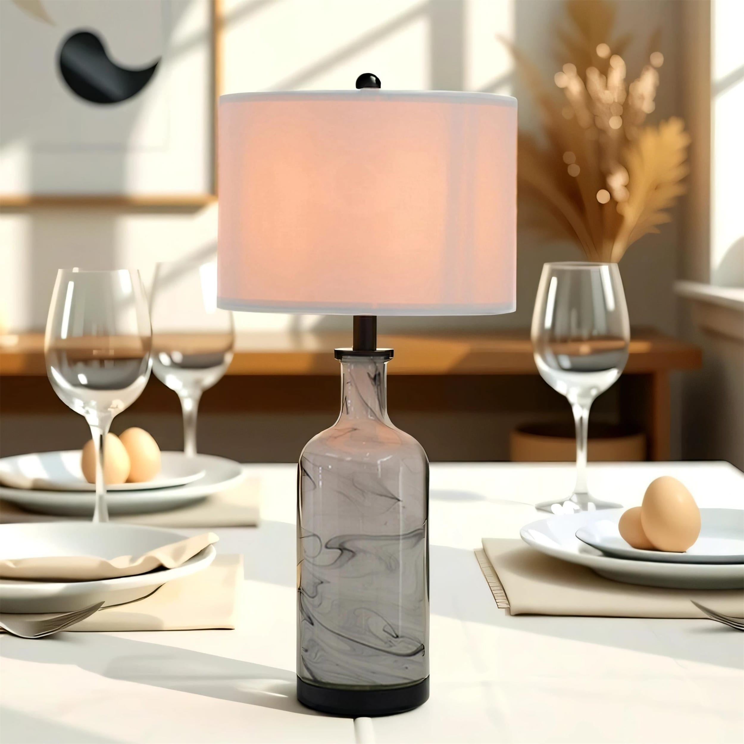 28.5 inch Glass Table Lamp, Marble Effect, Linen Drum Shade