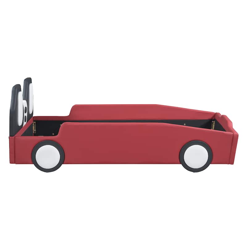 Red Modern Design Twin Size Race Car-Shaped Platform Bed with Wheels for Bedroom