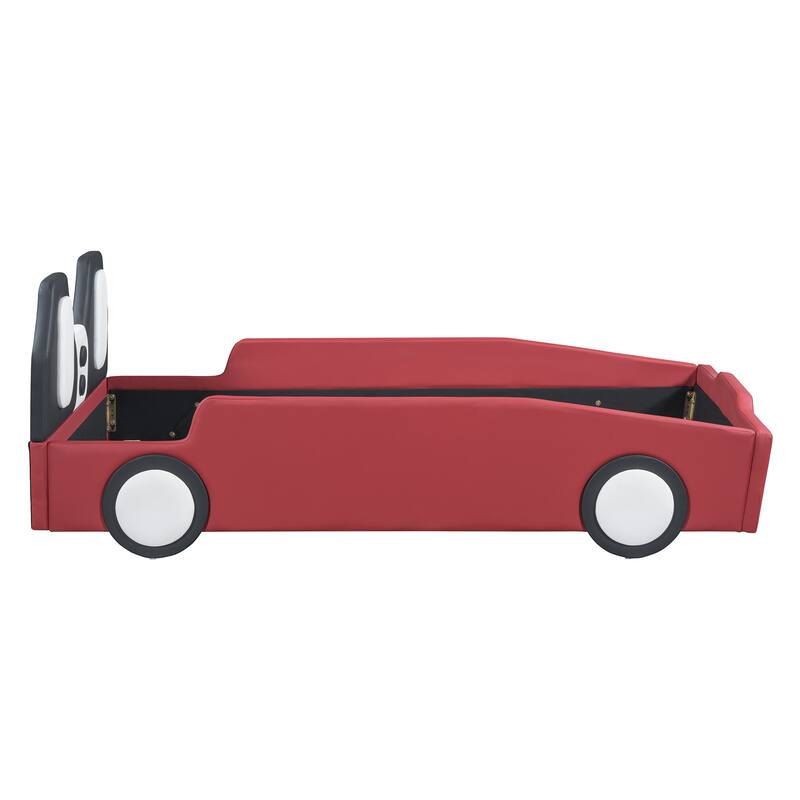 Red Twin Size Race Car-Shaped Platform Bed with Wheels