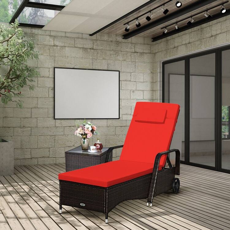 Outdoor Cushioned Wicker Chaise Lounger with Adjustable Backrest - 79.0" x27.5" x 21"(L x W x H)