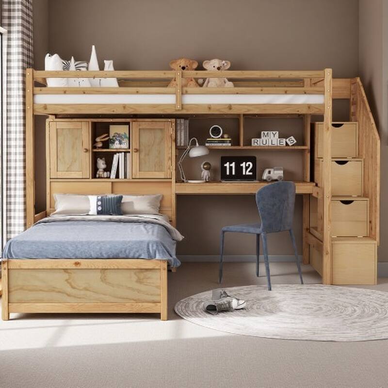 Twin over Twin Solid Wood Bunk Bed Set with Stair Storage, Built-in Desk, Shelving, and Headboard Compartment - Natural