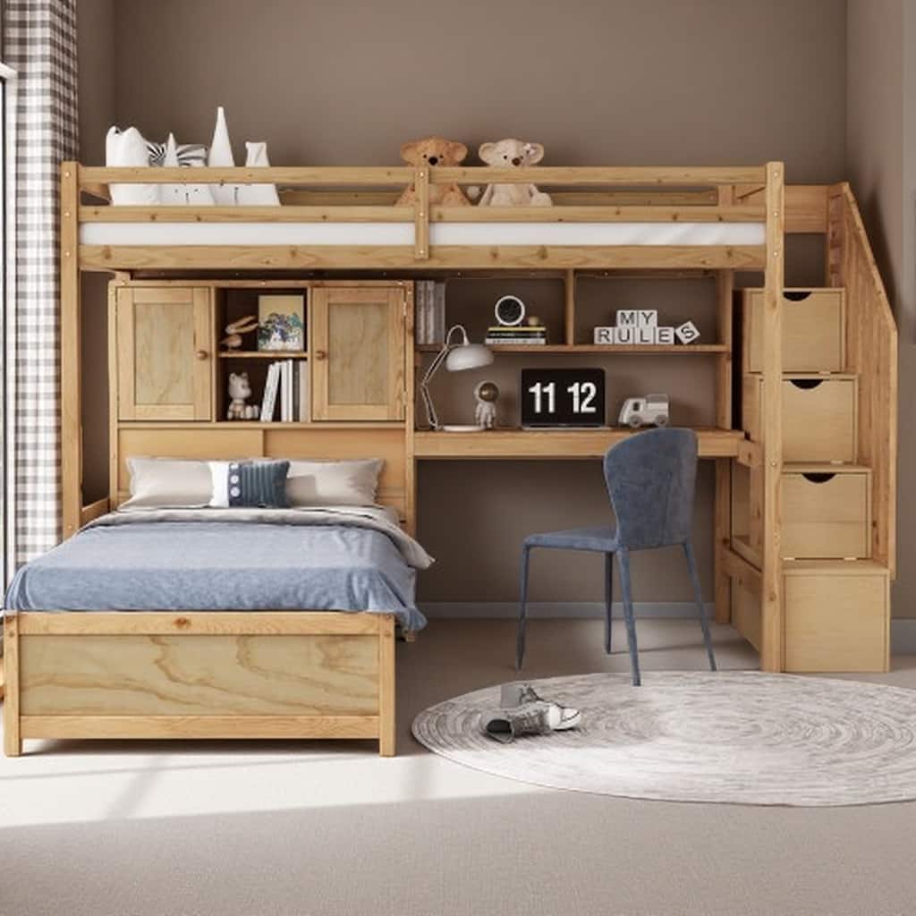 Twin over Twin Solid Wood Bunk Bed Set with Stair Storage, Built-in Desk, Shelving, and Headboard Compartment