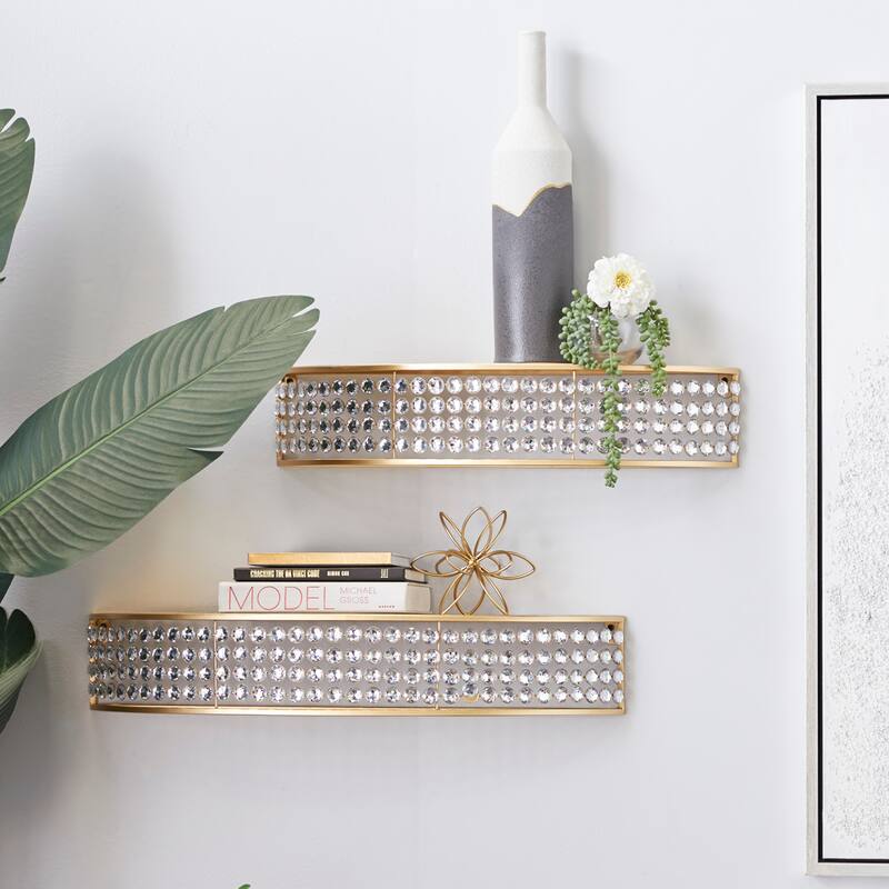 Metal Half-Moon Wall Shelf with Crystal Embellishments - Set of 2 Gold - Roche River Decor - 7"W x 28"L x 5"H