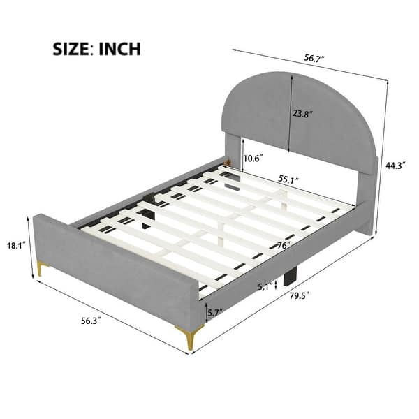 dimension image slide 4 of 6, Twin/Full Size Velvet Bed Frame with Classic Semi-circle Shaped Headboard, Upholstered Platform Bed w/ Metal Legs for Kids Teens