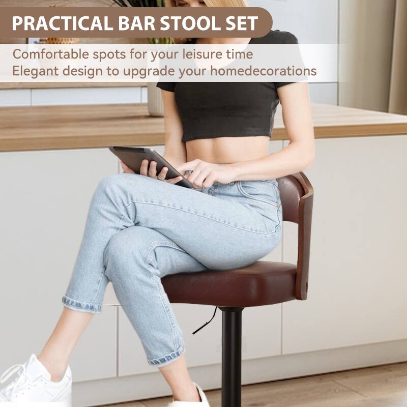 Swivel Bar Stools Set of 2 Seat Adjustable Height 24.5-33.5IN, Wooden Barstools PU Leather Upholstered Bar Chairs