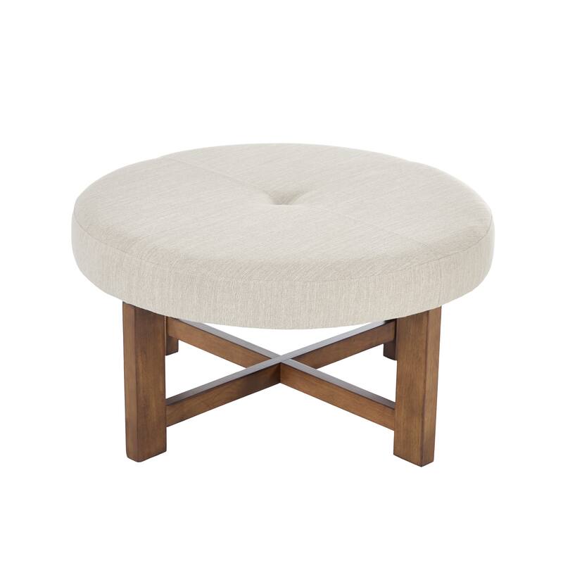 Christopher Knight Home - Marlowe Modern Round Faux Leather Ottoman Coffee Table with Tufted Top and Wood Base