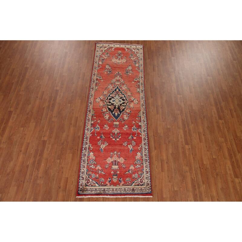 Hand Knotted Oriental 100% Wool Carpet Traditional Floral Red Mahal Runner Rug - 10' 3'' X 3' 4''