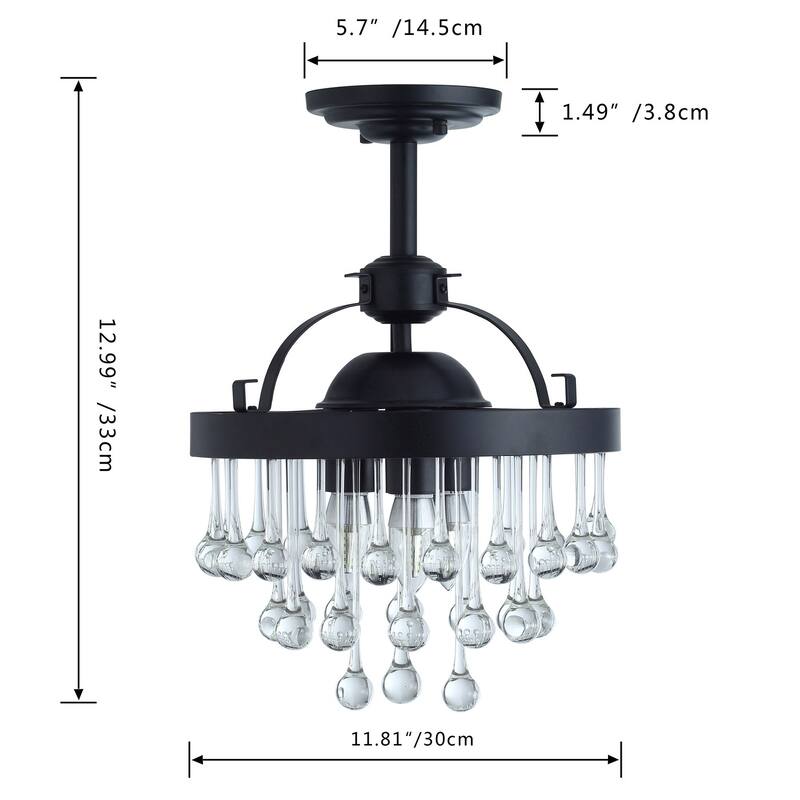 Modern Crystal Falls Black 3-Light Ceiling Semi Flush Mount