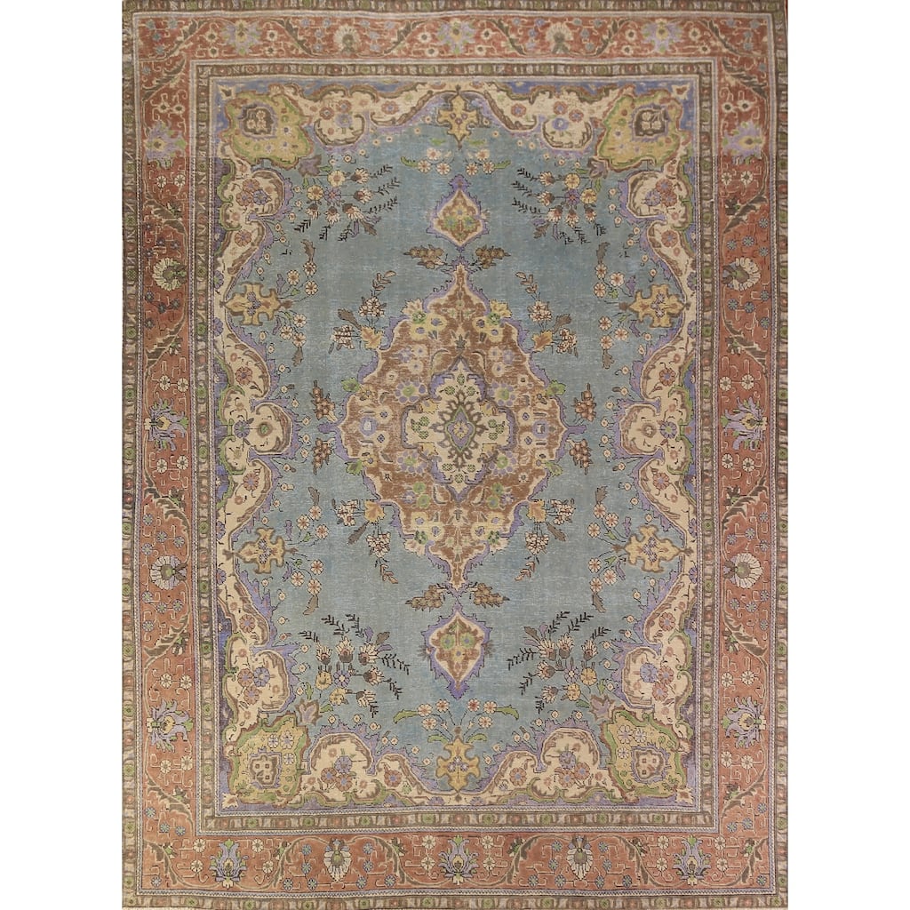Medallion Tabriz Persian Area Rug Handmade Light Blue Wool Carpet - 9'4"x 12'6"