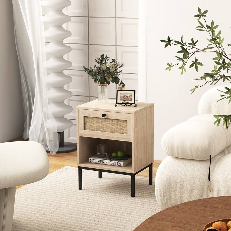 Rattan Nightstand Boho End Table with Rattan Drawer & Open Shelf