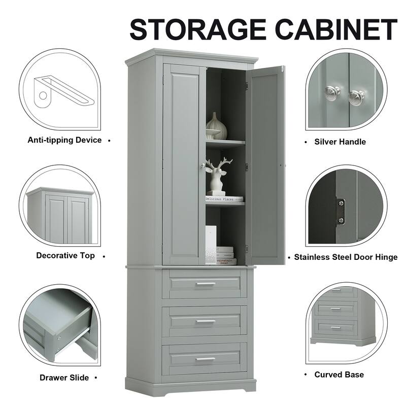 70" Tall Storage Cabinet with Doors and Three Drawers for Bathroom/Office
