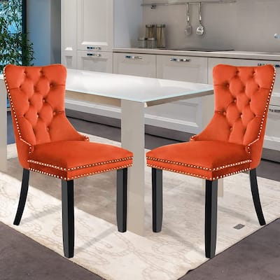 Velvet Dining Chairs Set of 2, Upholstered High-end Tufted Dining Room Chair with Nailhead Back Ring Pull Trim Solid Wood Legs