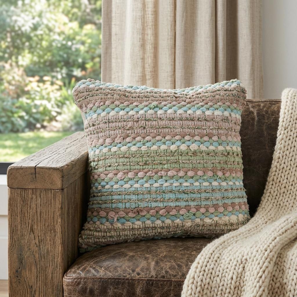 HomeRoots 18" Blue And Green Cotton Striped Throw Pillow
