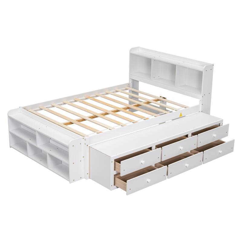 Full Size Platform Bed with Bookcase Headboard and Storage Case for Bedroom