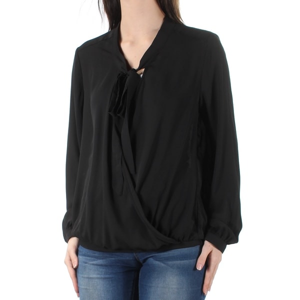 NY COLLECTION Womens Black Tie Cuffed V Neck Faux Wrap Top Size: S
