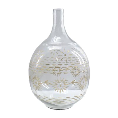 Transpac Glass 16 in. Clear Everyday Etched Flowers Vase