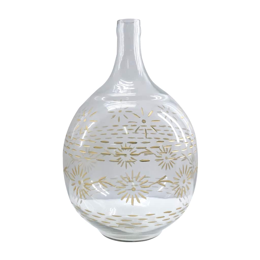 Transpac Glass 16 in. Clear Everyday Etched Flowers Vase