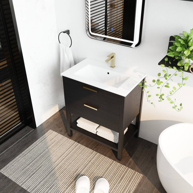 30" Bathroom Vanity with Ceramic Sink, Freestanding, Soft Closing Drawers, 4 Wood Feet, Durable and Water-Resistant