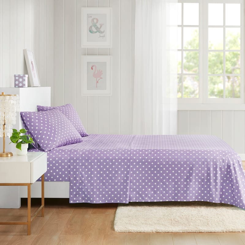 Intelligent Design Polka Dot Printed 100% Cotton Sheet Set - Purple - Twin