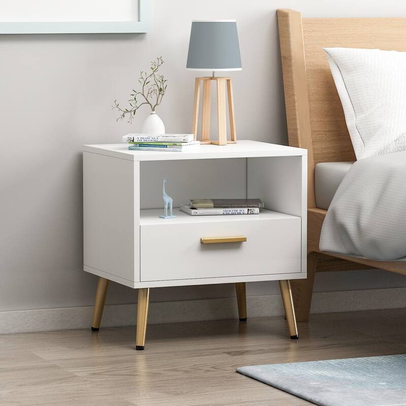 Premium 1-Drawer Black/White Nightstand with Shelf by Kerrogee