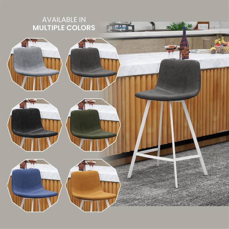 Elland Leather Bar Stool - Modern Counter Height Stool with White Stainless Steel Legs for Kitchen Island or Home Bar Set of 2