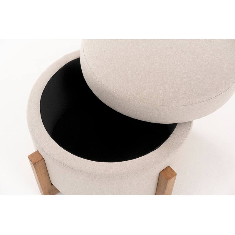 Modrest Sada Mid-Century Modern Beige Linen & Chestnut Round Ottoman