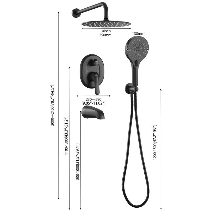 3-Functions Wall Mount Shower System Rainfall Shower Head - Matte Black 10 inch