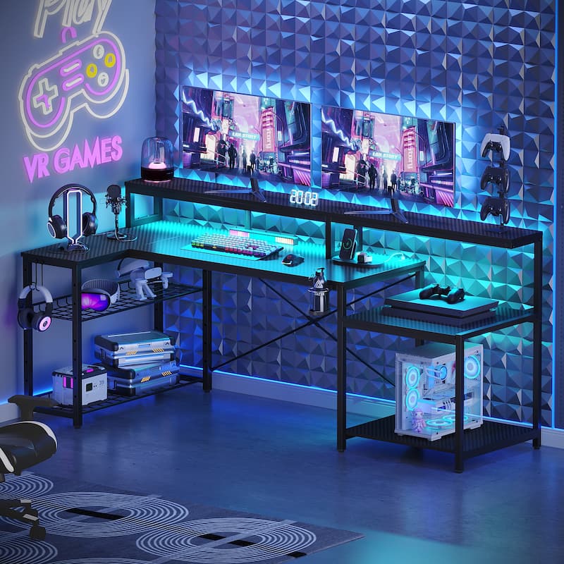 Bestier 71.5“” Computer Desk with Power Outlets, L Shaped LED Home Office Desk with Long Monitor Stand and Cup Holder & Hooks