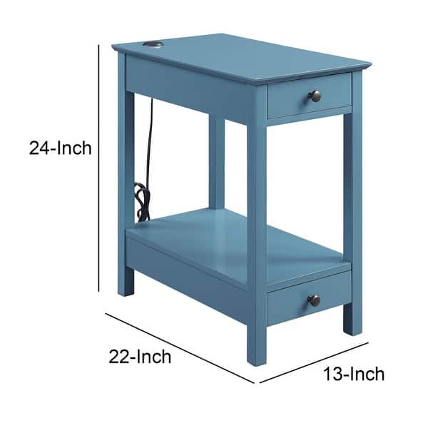 Wooden Frame Side Table with 2 Drawers and 1 Bottom Shelf, Teal Blue ...