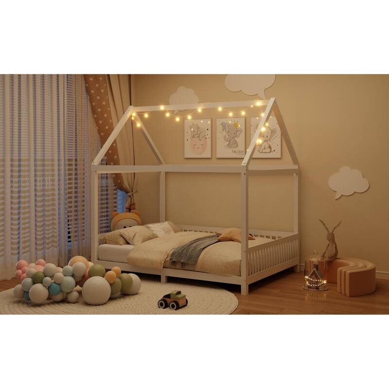 House-Shaped Wood Bed with LED Lights, Twin/Full Size, White - Includes Guardrail