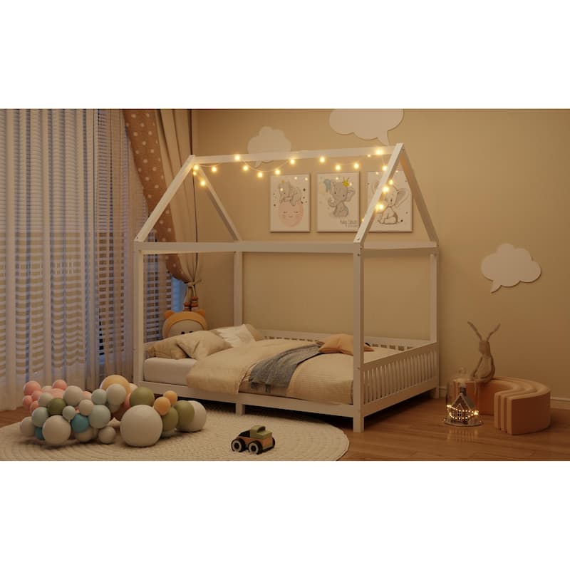 White Full Size Solid Wood House Bed with Guardrail, LED and Roof for Kids, Boys and Girls