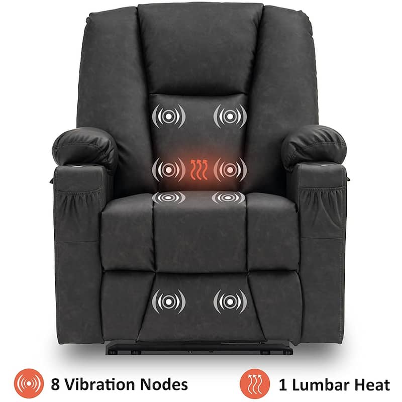 Mcombo Electric Power Recliner with Massage & Heat, Extended Footrest, 2 USB Ports, Side Pockets, Cup Holders, Faux Leather 8015
