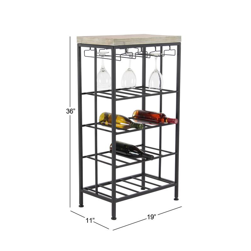 Metal Standing Wine Rack with Brown Wooden Tabletop - Black - Roche River Decor