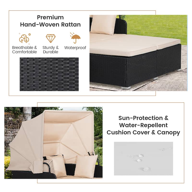 Gymax Patio Rattan Daybed Lounge Retractable Top Canopy Side Tables