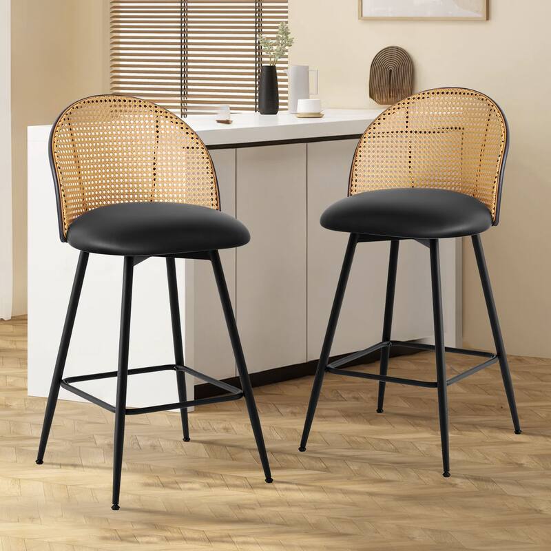 Upholstered Swivel Counter/ Bar Stools with Rattan Back