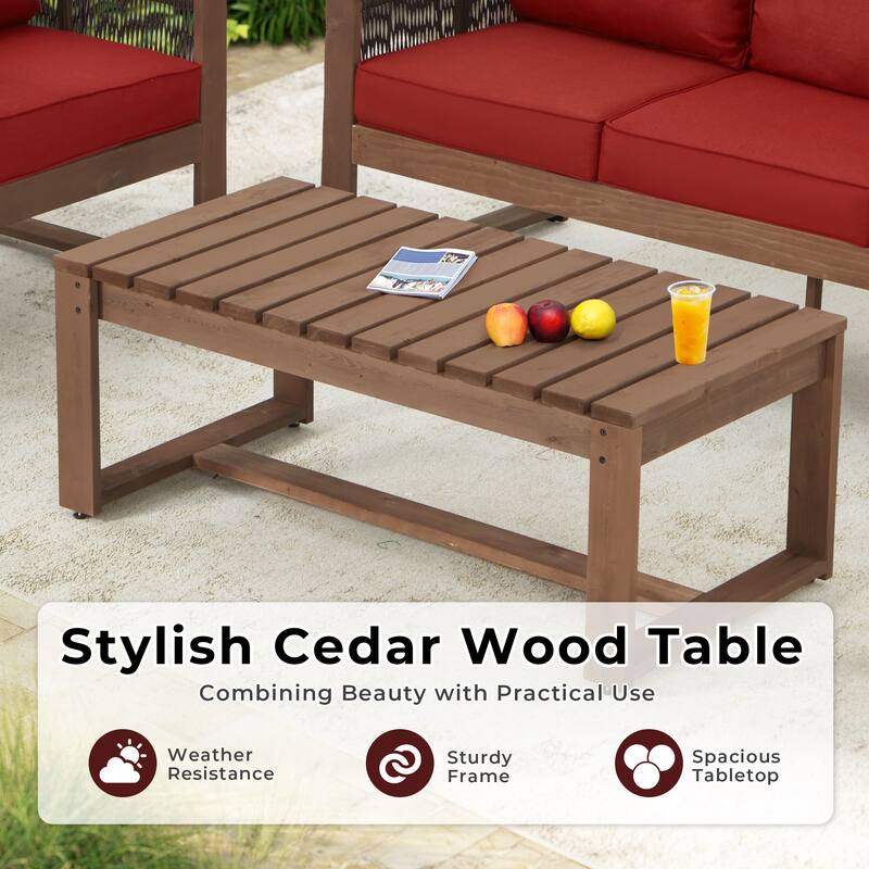 Outdoor 4-Piece Sofa Set with Coffee Table, PE Wicker & Cedar Wood Patio Furniture, Garden Conversation Set with Thick Cushions