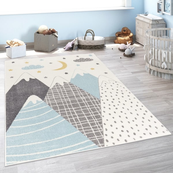 slide 2 of 12, Kids Rug with Pastel Mountains dreamy Stars and Moon for Nursery blue - 2'8" x 4'11"