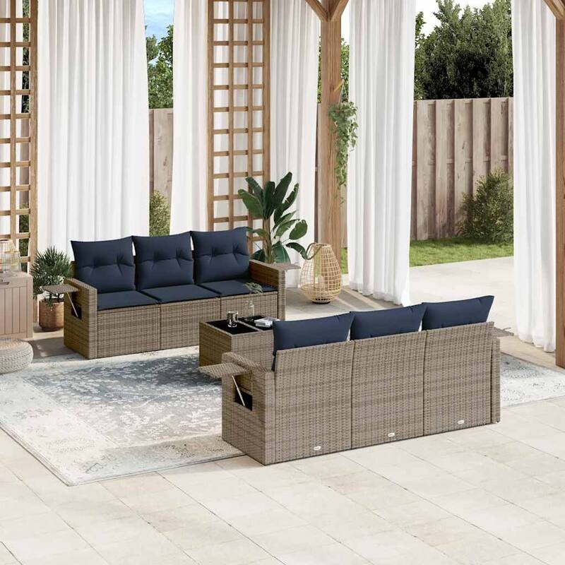 vidaXL Patio Sofa Set with Cushions Outdoor Furniture 7 Piece Poly Rattan - 21.7 x 24.4 x 27.2 - Grey and Blue