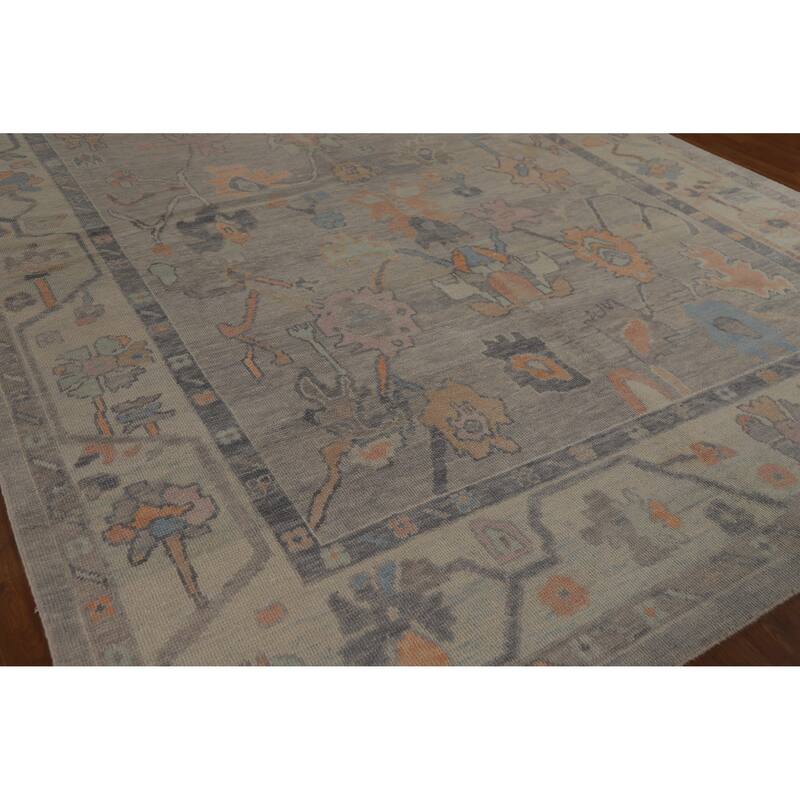 Hand Knotted Oriental 100% Wool Carpet Transitional All-Over Greys & Charcoal Oushak Area Rug - 12' 9'' X 9' 0''