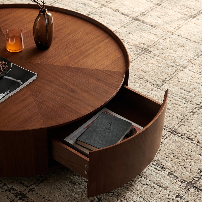 Circular Walnut Design Coffee Table with Drawers for