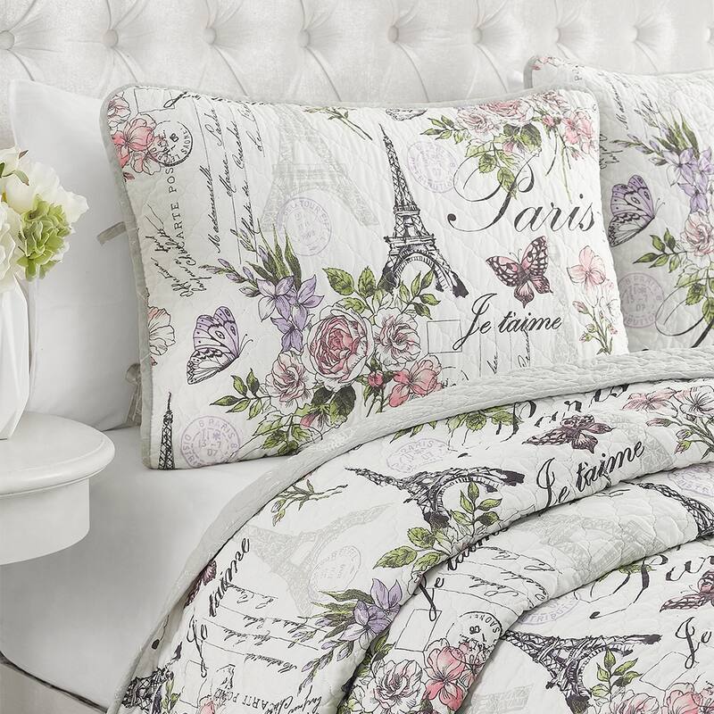 Paris Floral Pink Cotton 3-Piece Reversible Quilt Set