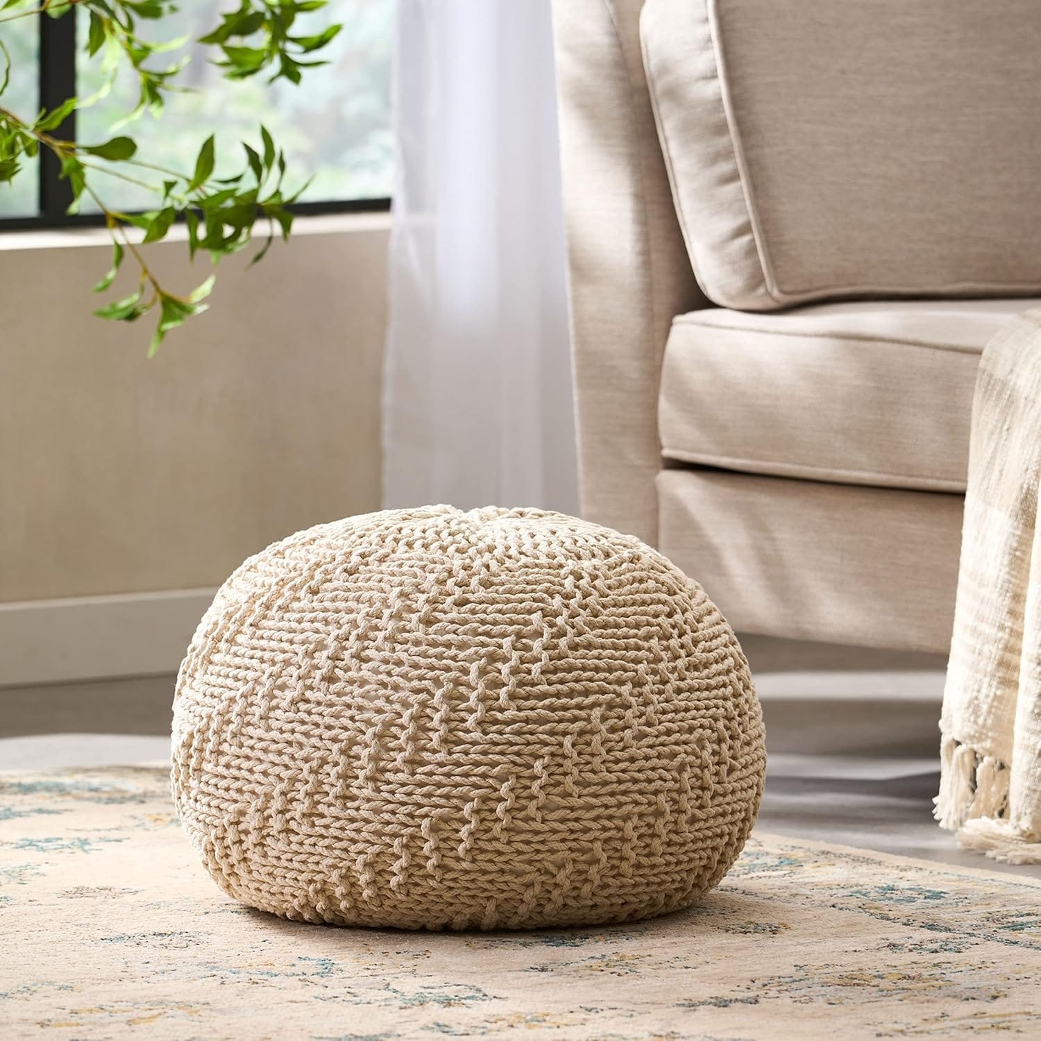 Roomfitters Hand-Knit Round Pouf Ottoman with Textured Cotton