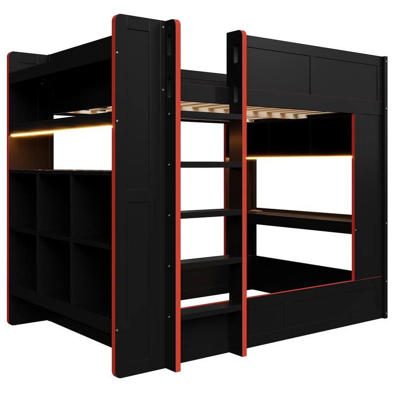 Black Bunk Bed Full Size Wood Gaming Bunk Bed Frame with Desk, Storage Shelves, LED and Charging Station, Full over Full Bed